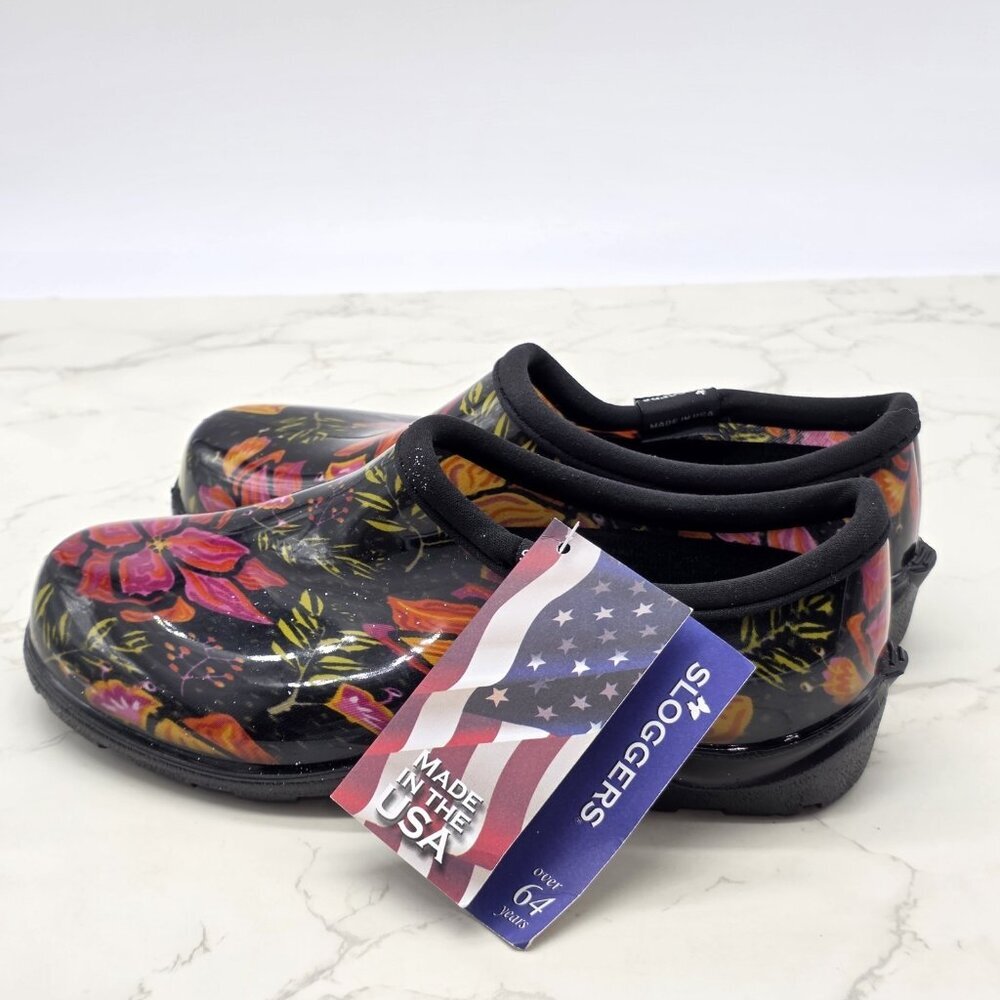 Sloggers Rain Shoes Garden Boots Women 6 Waterproof Slip on Black Floral Low NEW - Picture 3 of 10